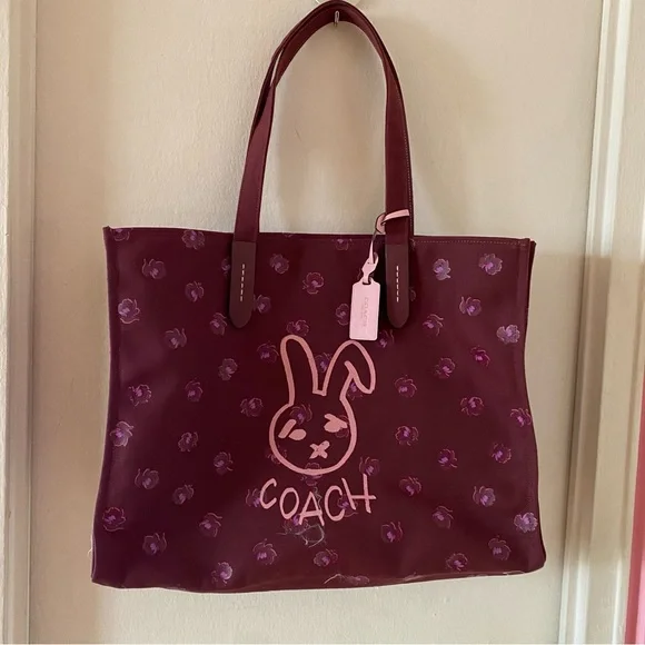 Coach Lunar New Year Burgundy and Pink Bunny Floral Print Fabric Tote Bag